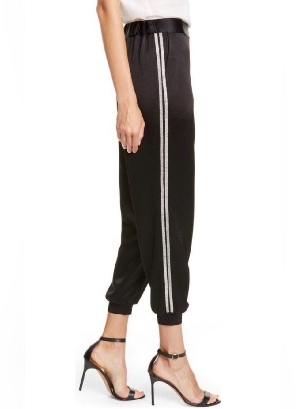 Alice + Olivia Pete Rhinestone Side Stripe Black Satin Joggers, size S